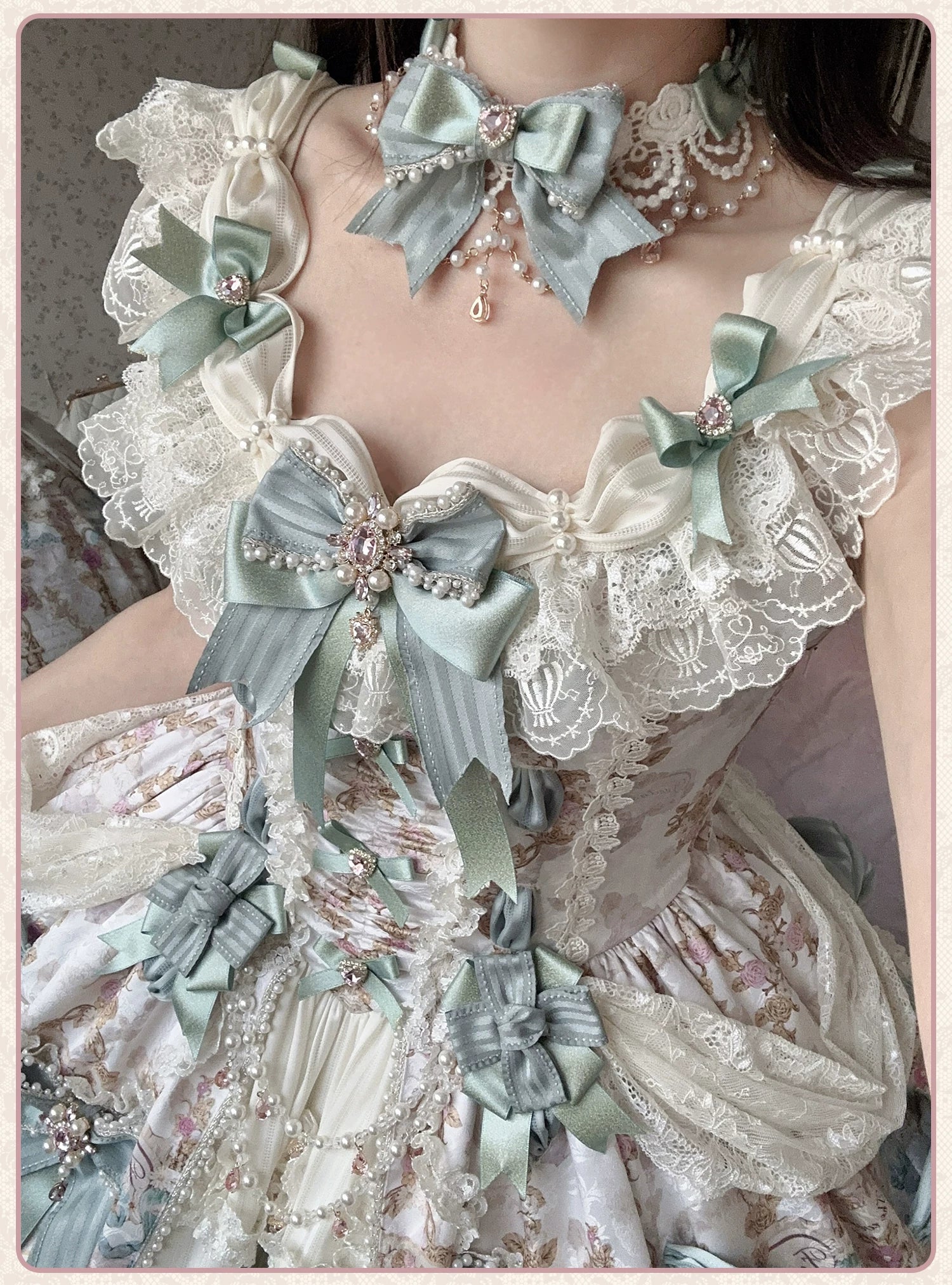 Antique Gem Fragrance - Gorgeous Classic Lolita Dress Set, Floral and Bottle Print 45483:851742