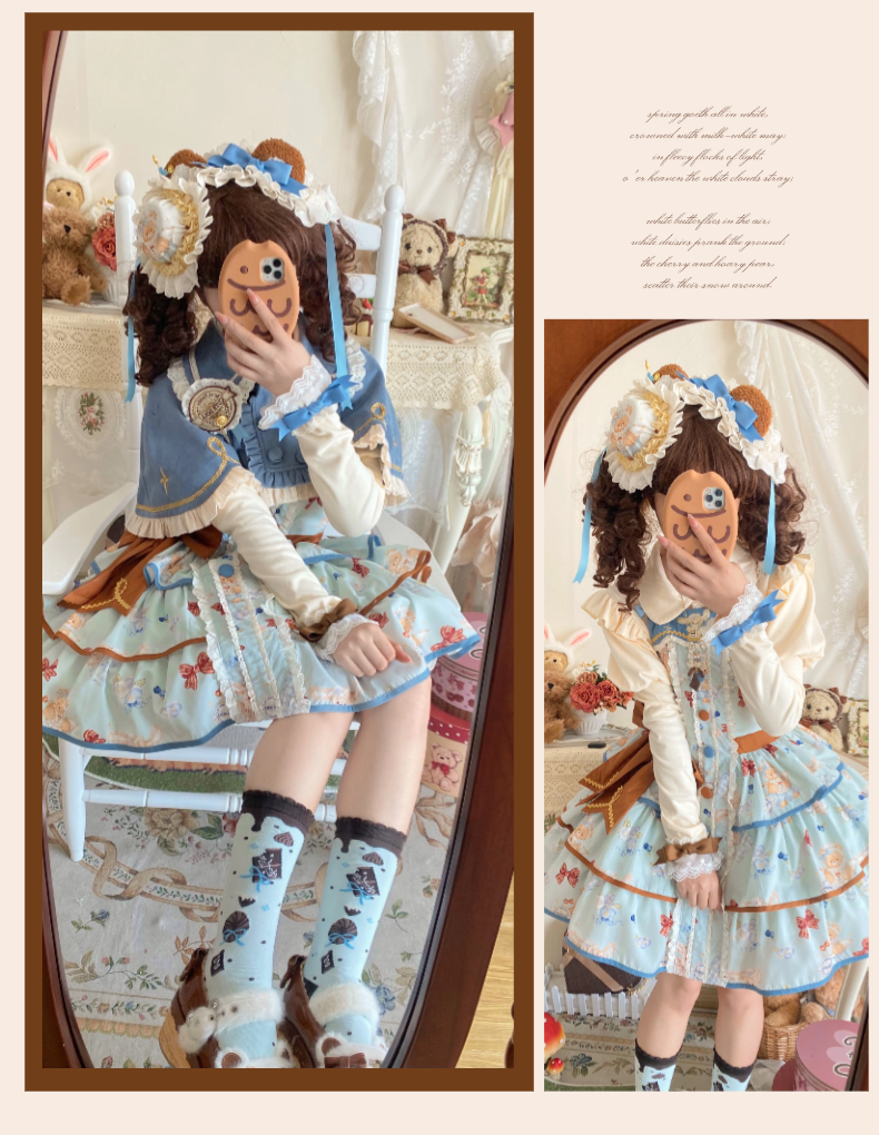 Cheese Mee Mee - Seaside Tea Party - Sweet Lolita Dress Cute Print JSK and Cape Bowler Hat Only S