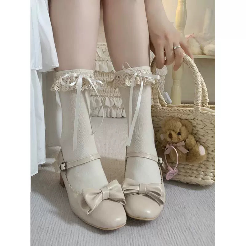 Roji Roji~Cotton Lolita Socks Lace Bow Beige Short Ankle Socks 38810:601352