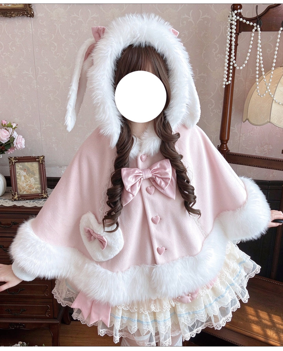 Floppy Bunny Ear -Sweet Lolita Winter Fleece-Lined Cape Coat with Bunny Ears