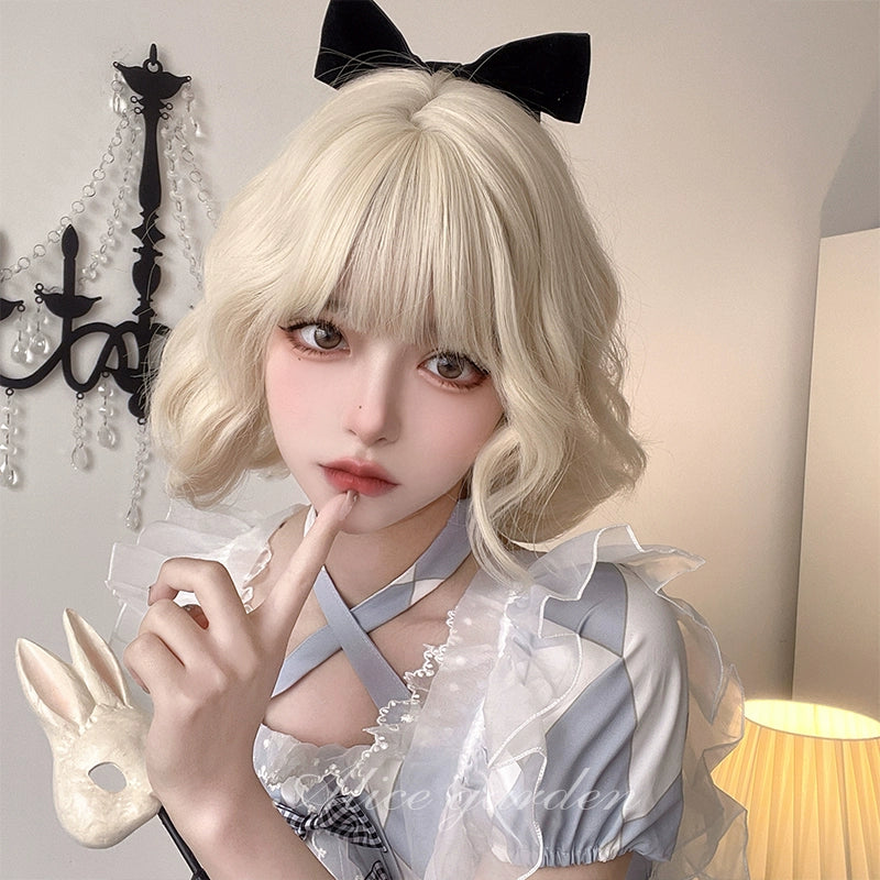 Alicegarden - Sweet Lolita Wigs Short Curly Platinum Color Wigs platinum wig+ a hairnet