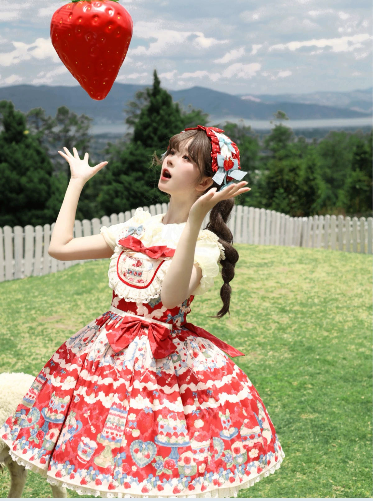 Rose Whispers - Strawberry Tata - Sweet Lolita Dress Suit With Strawberry Cake Print