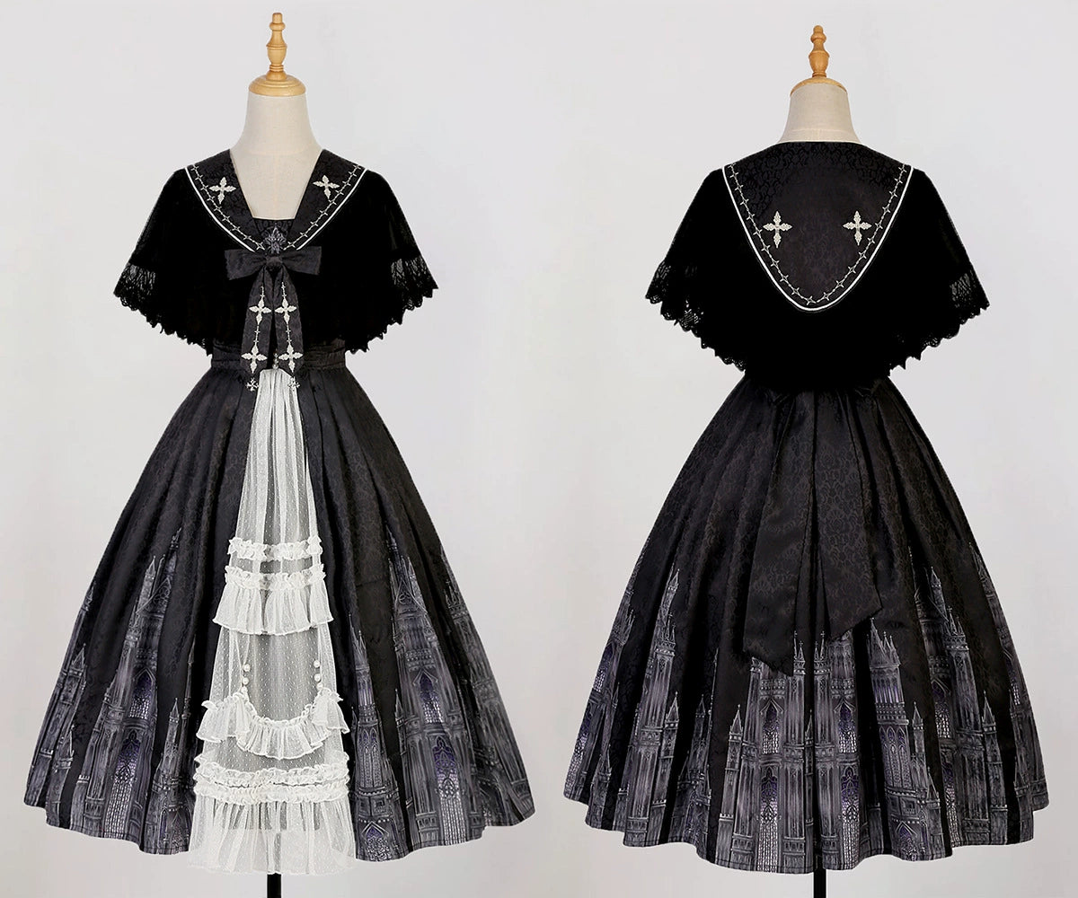 Cornfield Lolita - Silent Church - Gothic Lolita JSK Front Open Printed Dress and Thin Cardigan Set 36966:541956