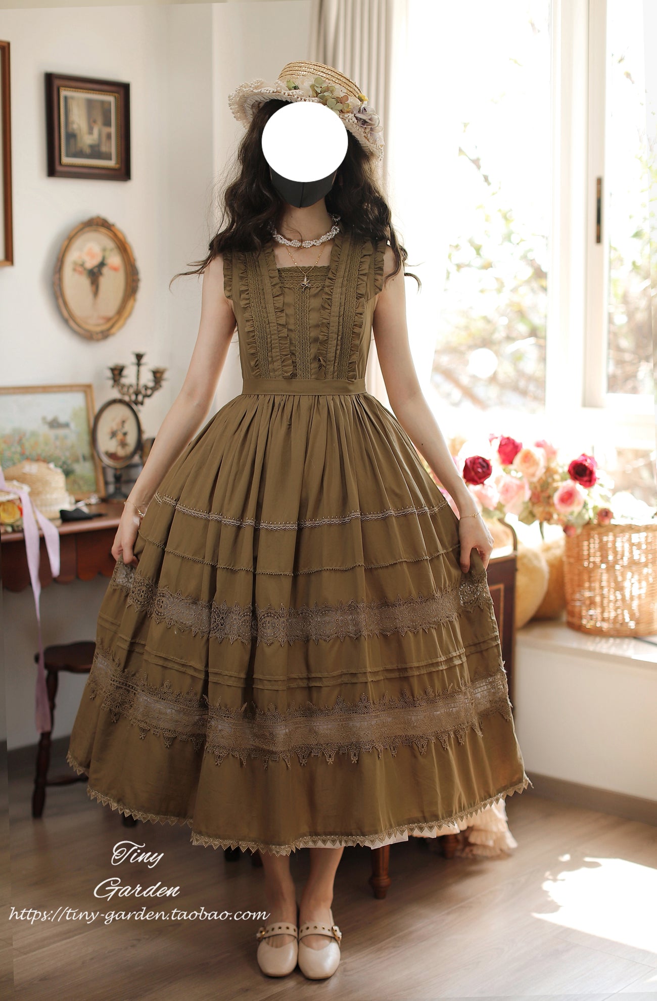 Tiny Garden - Spring Whisper - Solid Color Classic Lolita JSK Dress with Tulle Apron Mustard Yellow - JSK with Waist Tie S