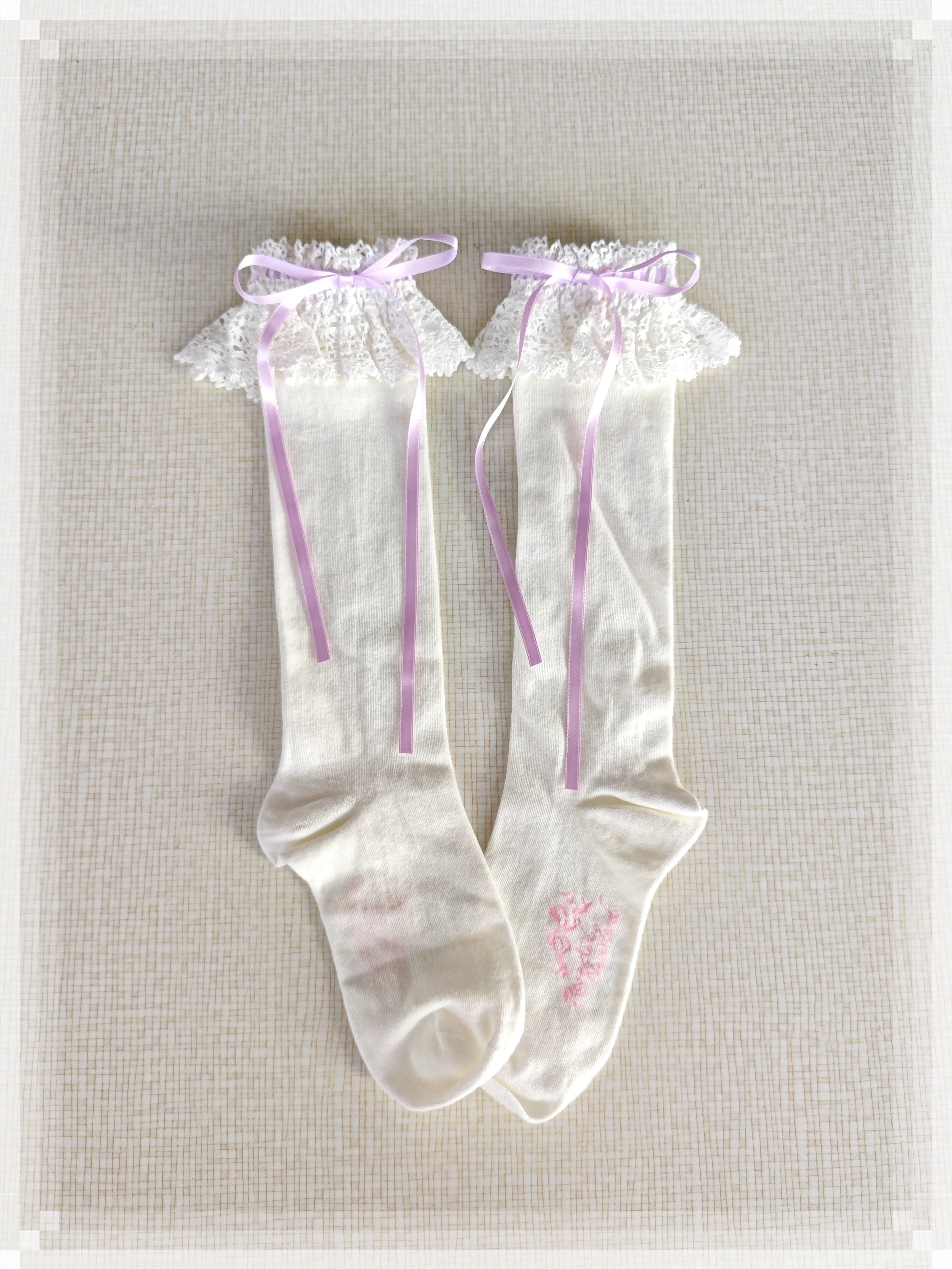 Cotton Old School Lolita White Socks with Colorful Ribbon Bows 45537:853885