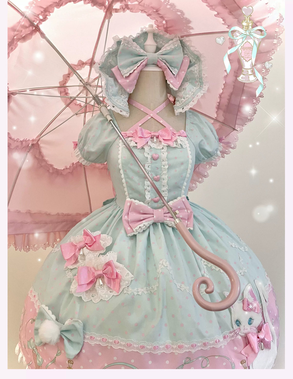 Perfume Kitty - Cotton Old School Lolita OP Dress, Perfume Print & Cat Patch 46037:873489