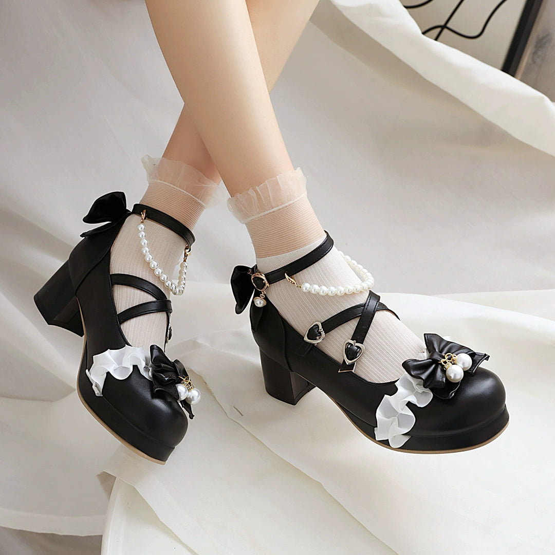 Yana - Round Toe Sweet Lolita Shoes, Detachable Pearl Chain Black 33