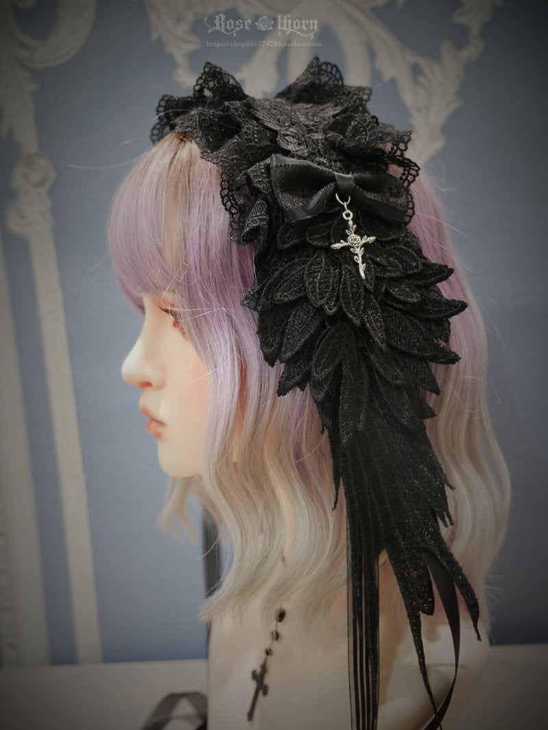 Rose Thorn - Devil Wings - Gothic Lolita Headband with Cross Pendant Custom Clolor Pure black