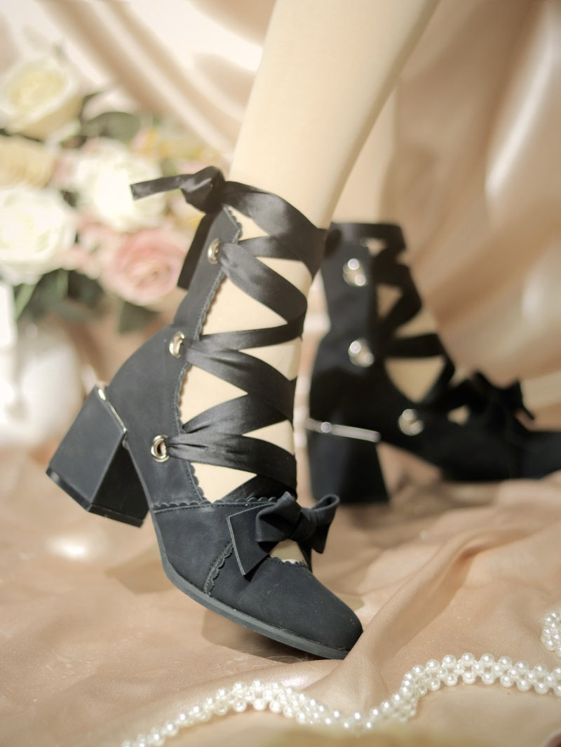 MR.Qiutian - Muse Kiss - Elegant Lolita Shoes Lace-up Bow Heels Round Toe 35 Suede Black-6cm Heel Height