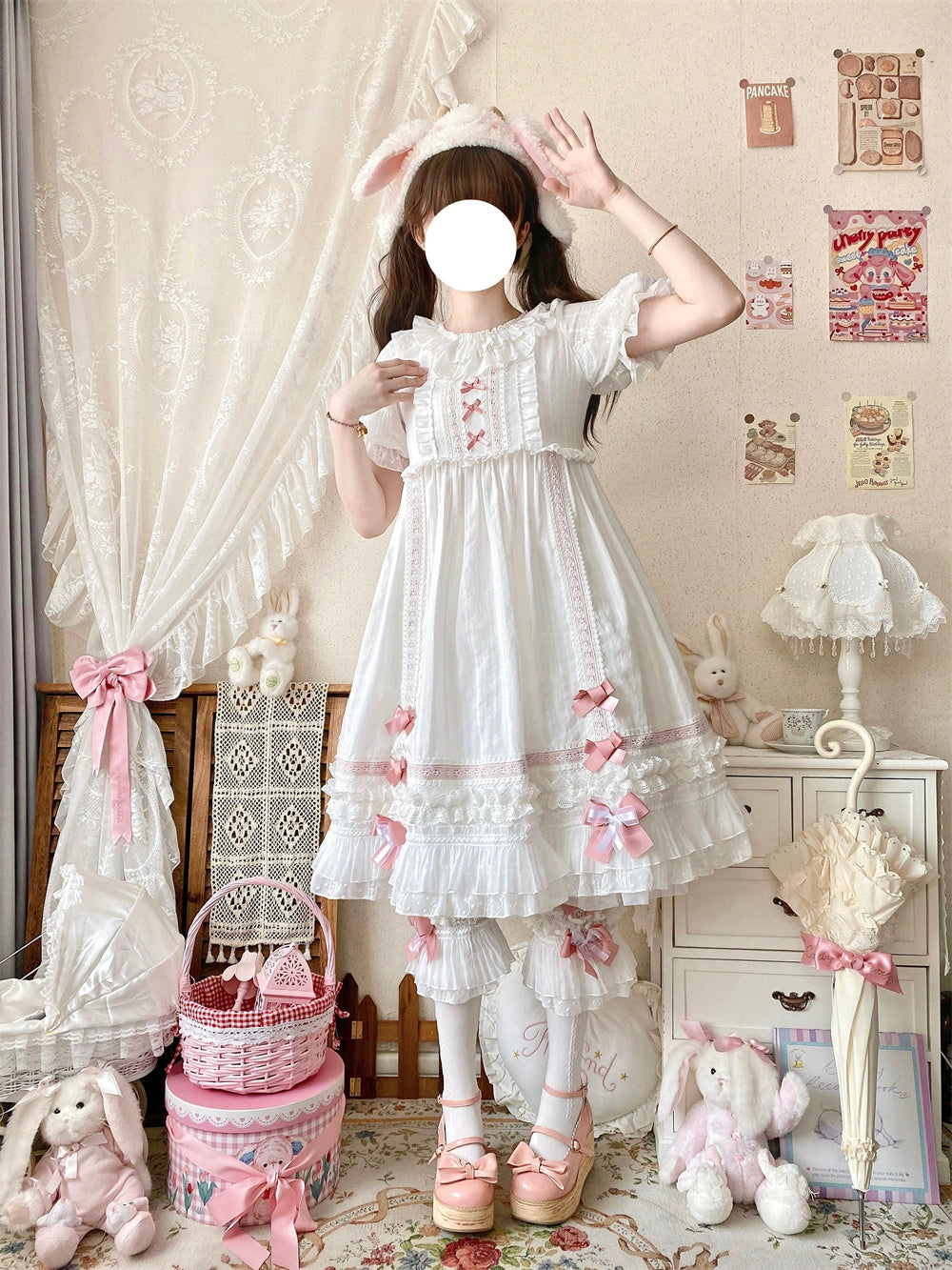 Ilovexiaolu - Meow Lullaby - Cotton Kawaii Lolita OP Dress with Removable Kitty Apron White - OP S Long Version