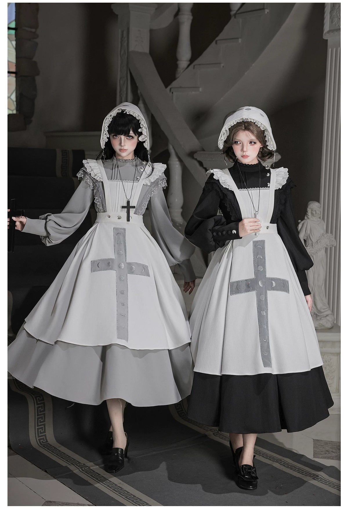 Moon Phase - Gothic Lolita OP Dress Set, Detachable Cross-Shaped Apron 46035:873402