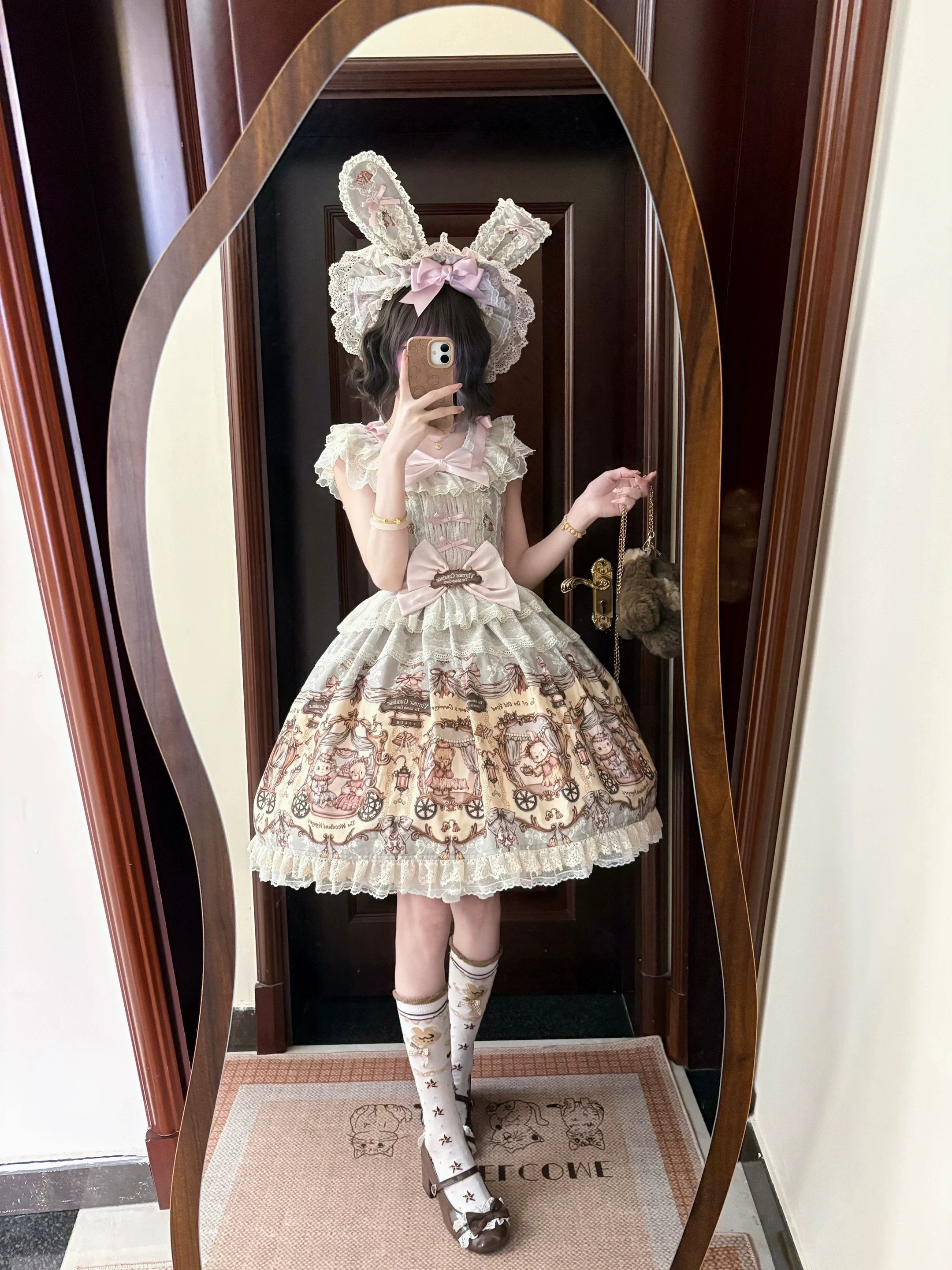 Bunny and Bear - Printed Sweet Lolita Dress, Lace and Bow Details Green JSK Only S