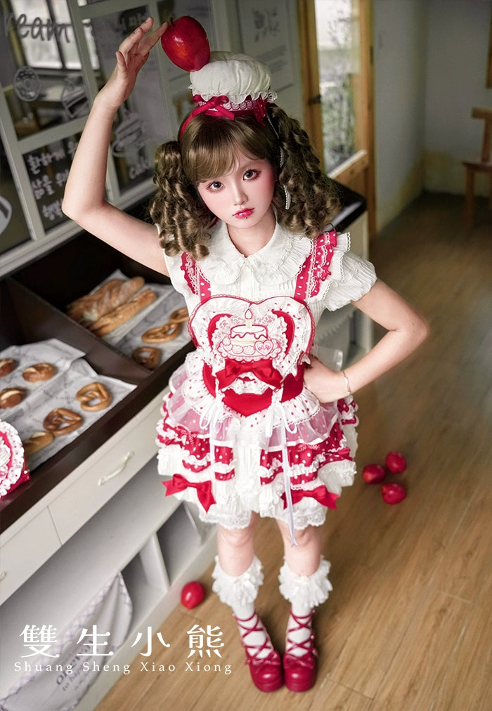 Shuang Sheng Xiao Xiong - Bite The Cake - Sweet Lolita Dress, Red & White Polka Dots 43600:780697