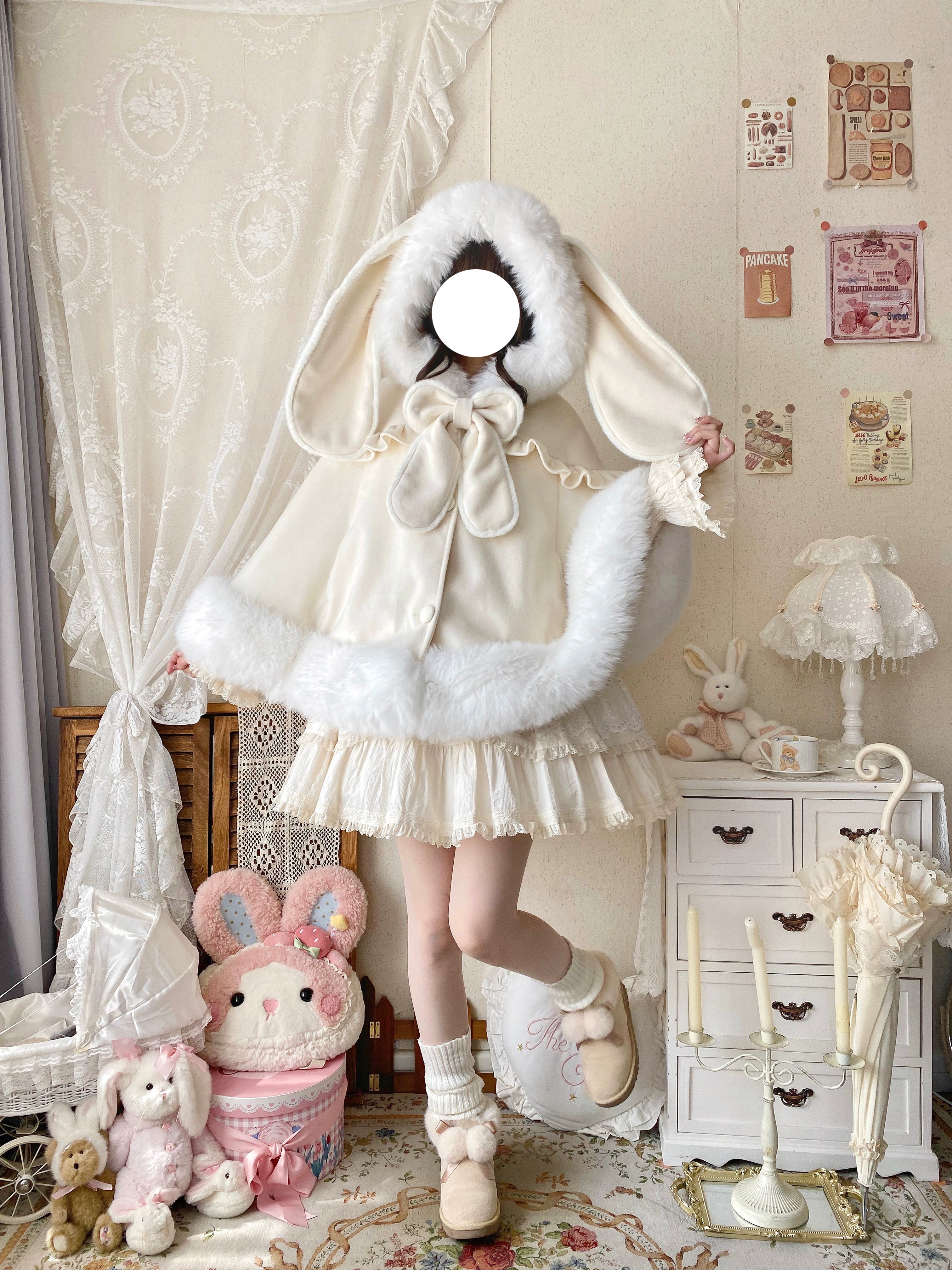 Qianmu - Lop Bunny - Kawaii Lolita Plush Hooded Cape 43850:787091