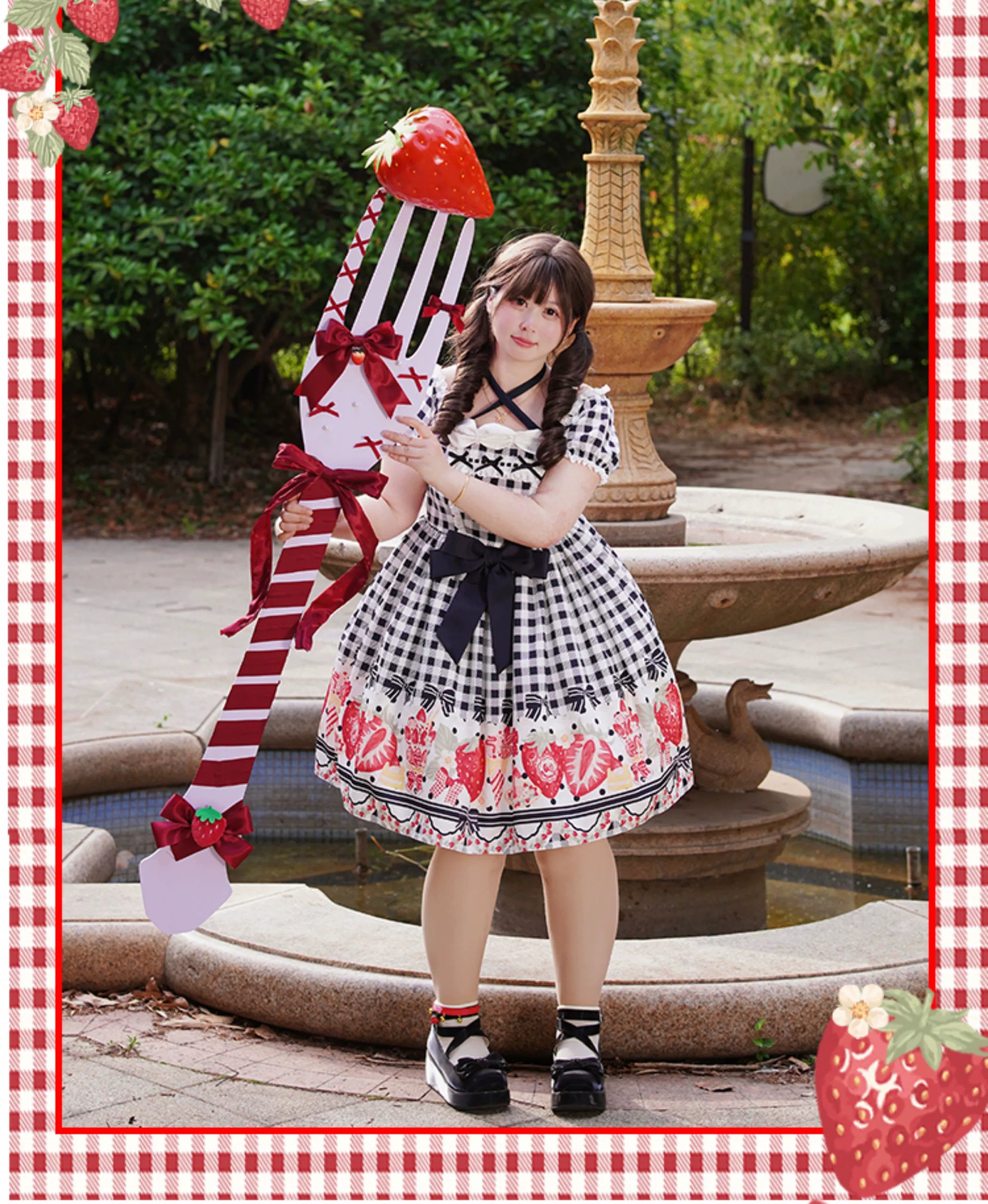 Chubby Cat Diary - Gingham Strawberry - Plus Size Country Lolita OP Dress