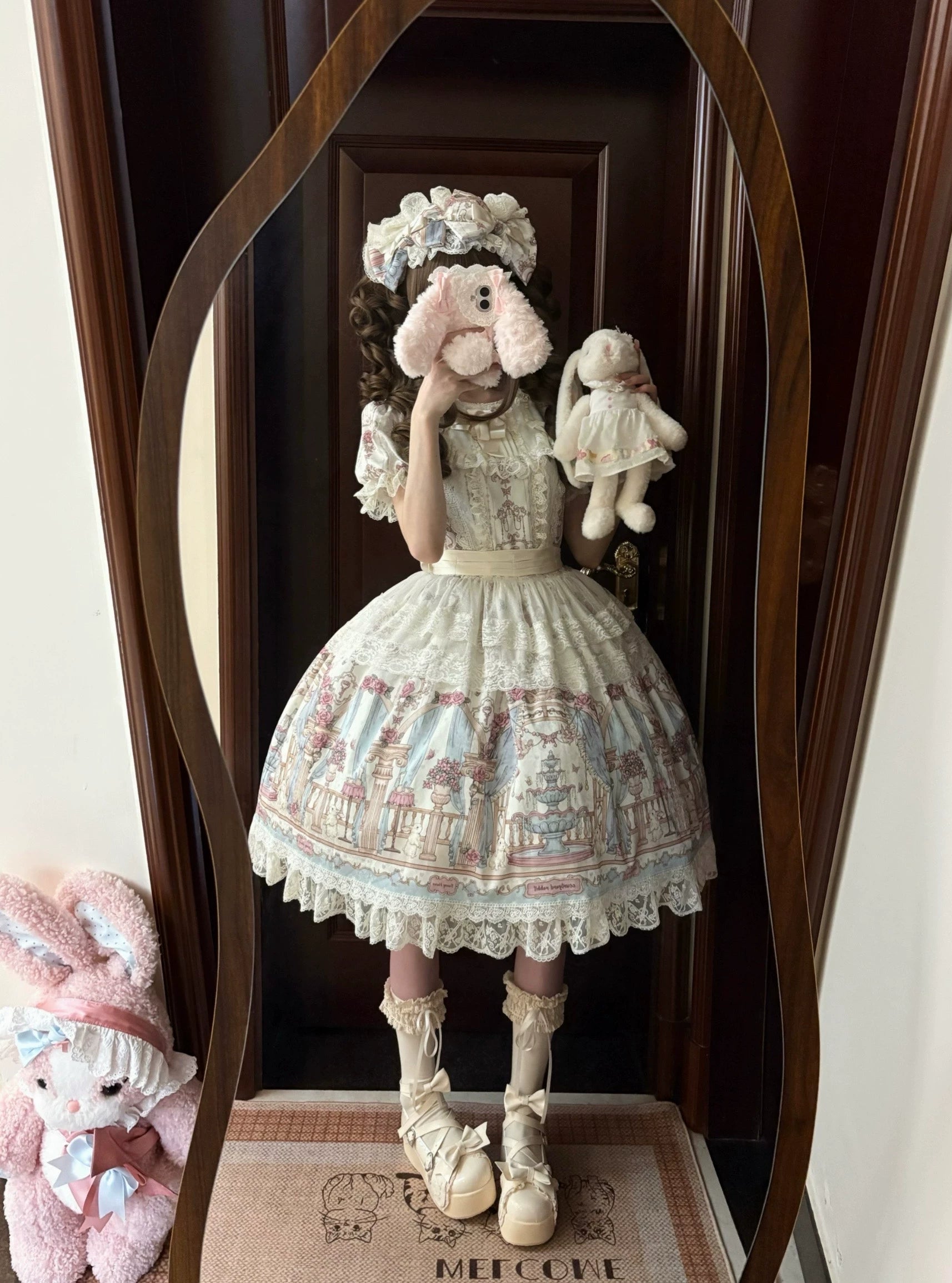 Wandering Rabbit's Palace - Doll-like Classic Lolita Palace Print OP Dress with Lace