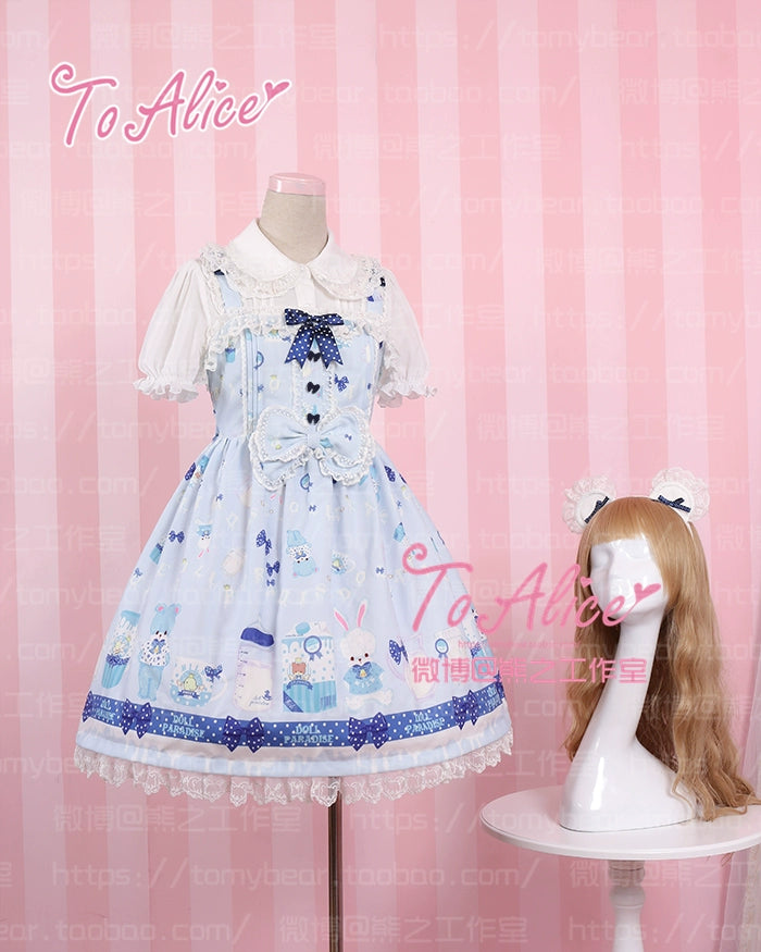 To Alice - Dear Dolls - Kawaii Lolita JSK Dress, Bear & Bunny Print 44016:791806