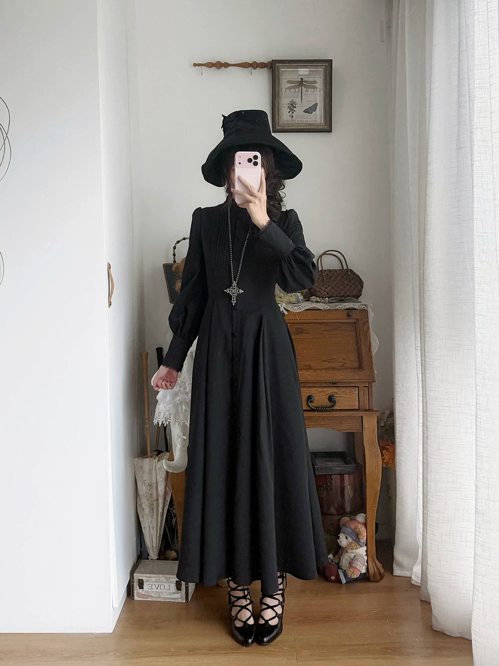 Astrea - Black Classic Lolita Long OP Dress, Side Pockets