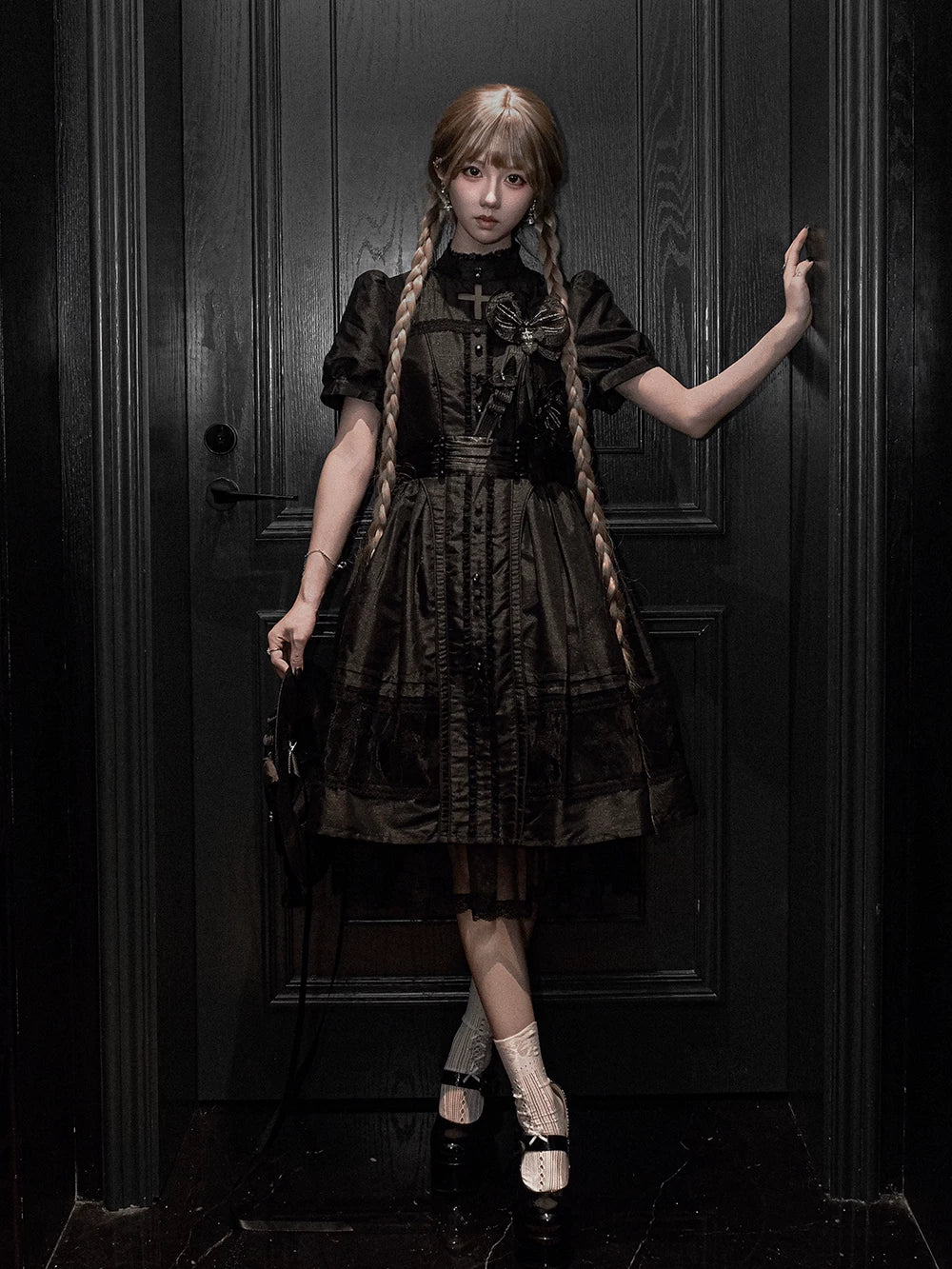 Ghost Orchid - Gothic Lolita OP Dress, Embroidered Cross