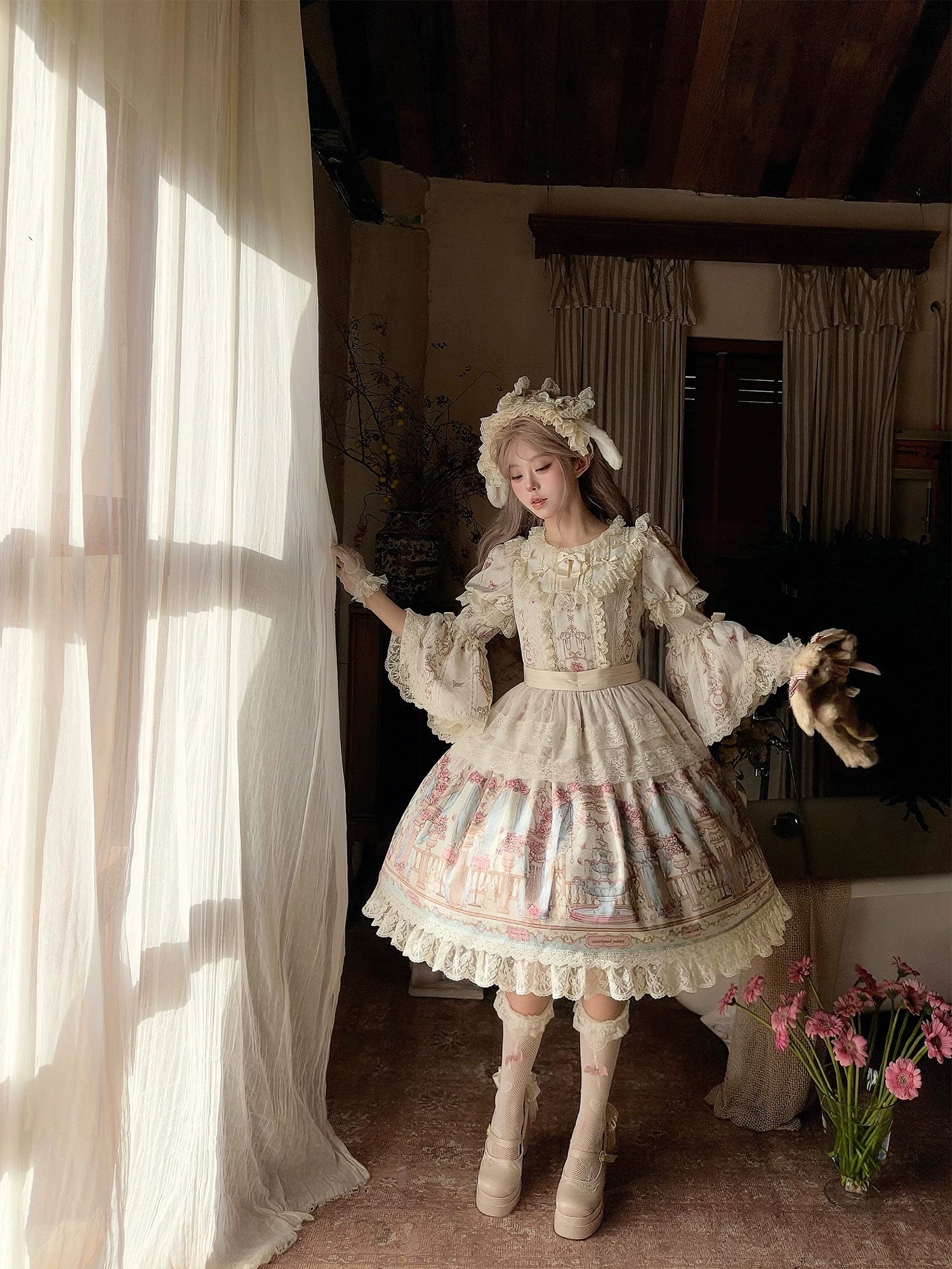 Wandering Rabbit's Palace - Doll-like Classic Lolita Palace Print OP Dress with Lace