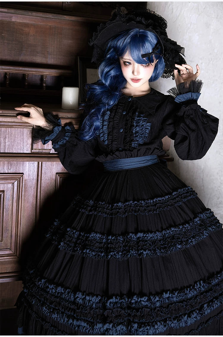 Wings and Bouquet - Dark Classic Lolita Blouse and SK Set, Layered Blue Ruffles 45680:858293