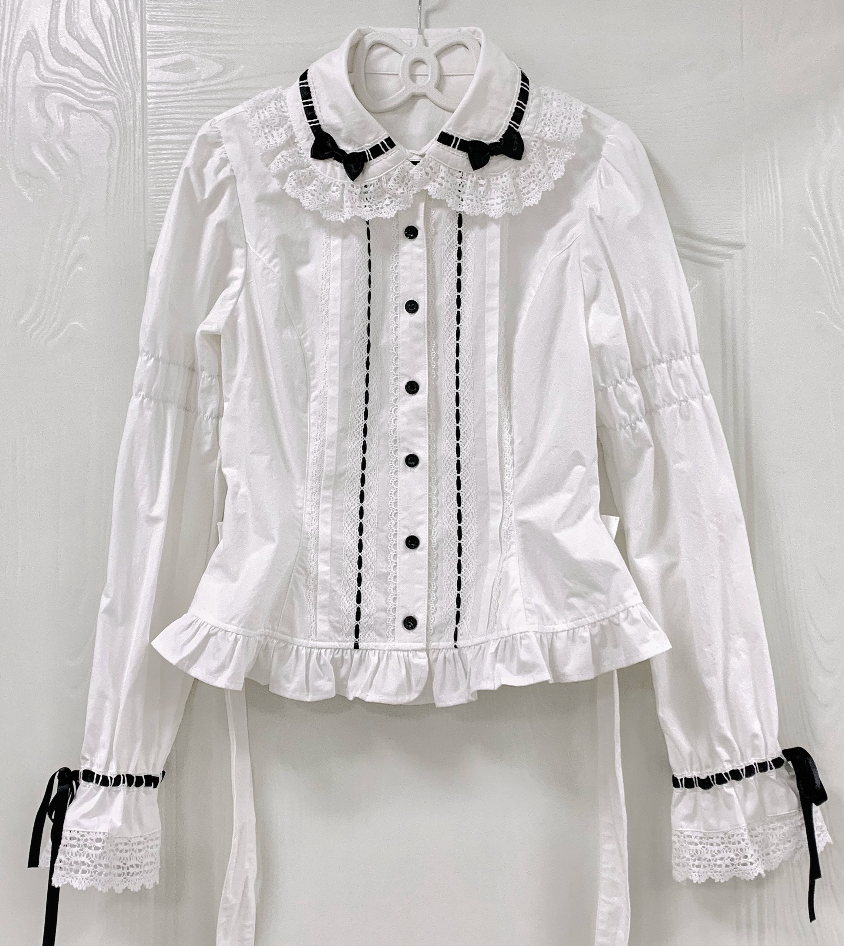Bunny's Wish - Cotton Sweet Lolita Blouse, Long Sleeve White Blouse with Black Ribbon (Lotus Root Sleeve) XS