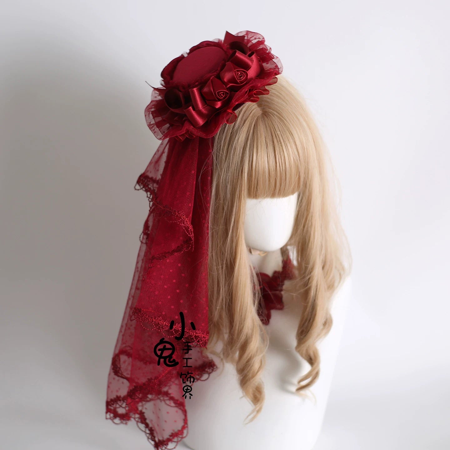 Dark Red Gorgeous Headdress, Floral Veils 10. Top Hat with Small Veil (with fixed clip)