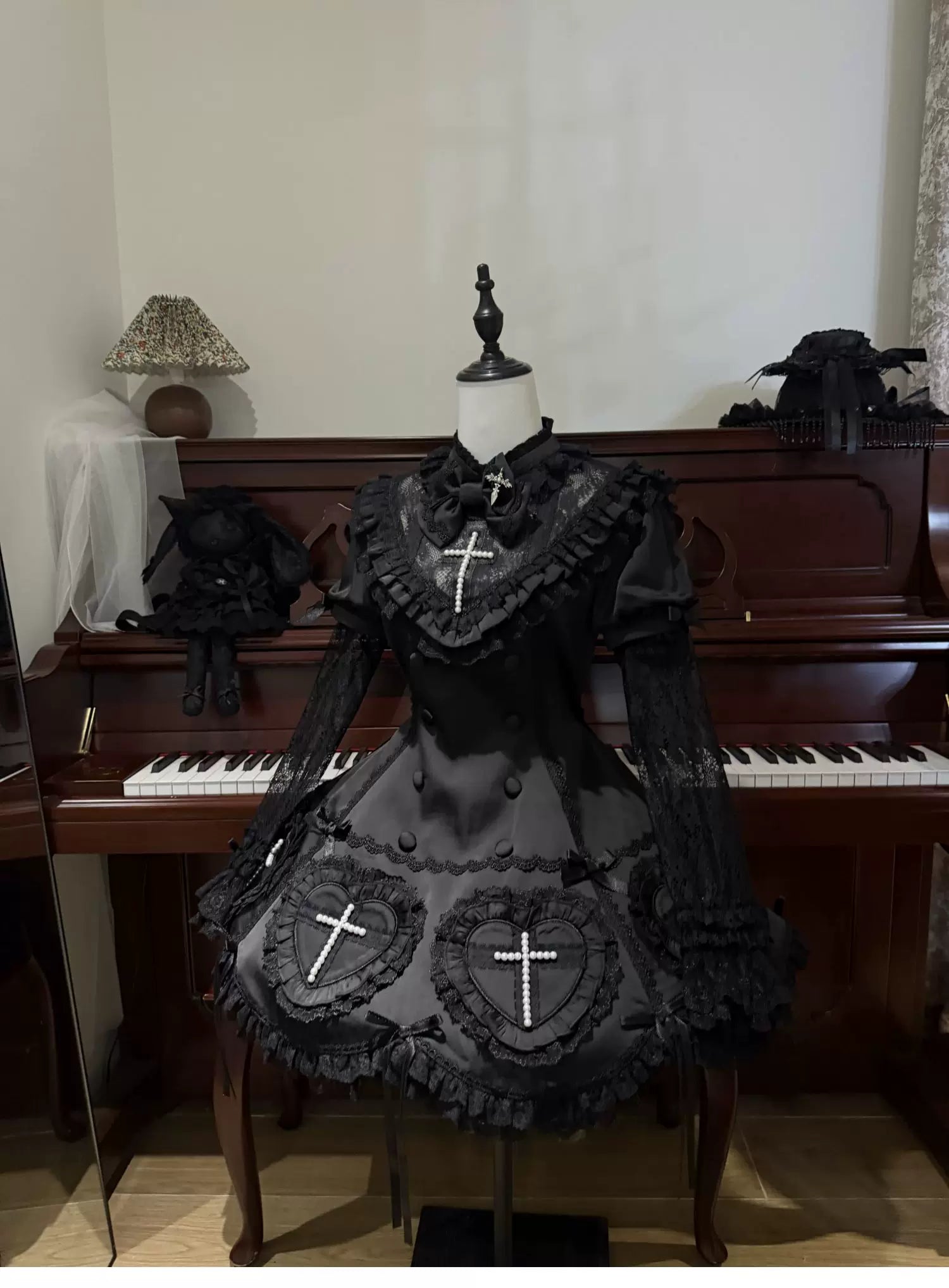 Nocthymn Cross - Gothic Lolita OP Dress with Pearled Cross, Detachable Sleeves 45813:863486