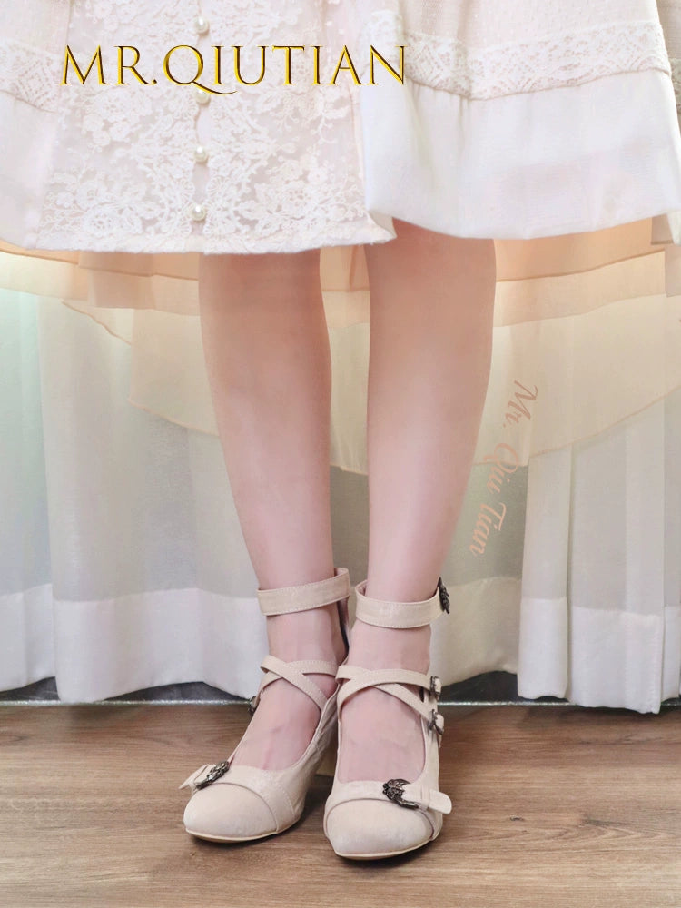 MR.Qiutian - Velia - Elegent Lolita Shoes CLA Thick Heel Shoes Beige Size 35( fits the feet of 34)