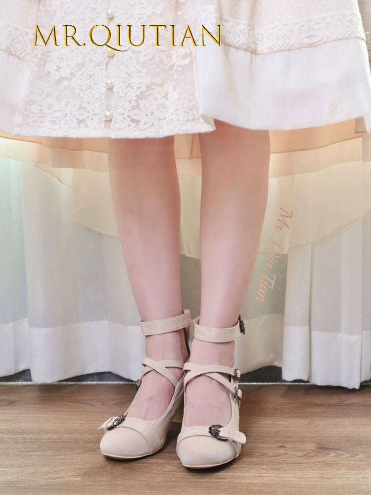 MR.Qiutian~Velia~Elegent Lolita Shoes CLA Thick Heel Shoes Beige Size 35( fits the feet of 34) 