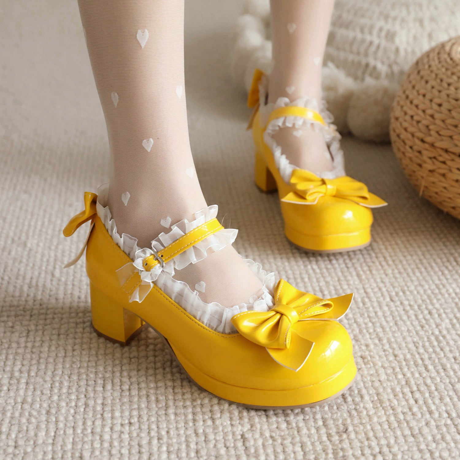 Yana - Rainbow Yana - Sweet Lolita Shoes, Lace & Bow Design Yellow 36