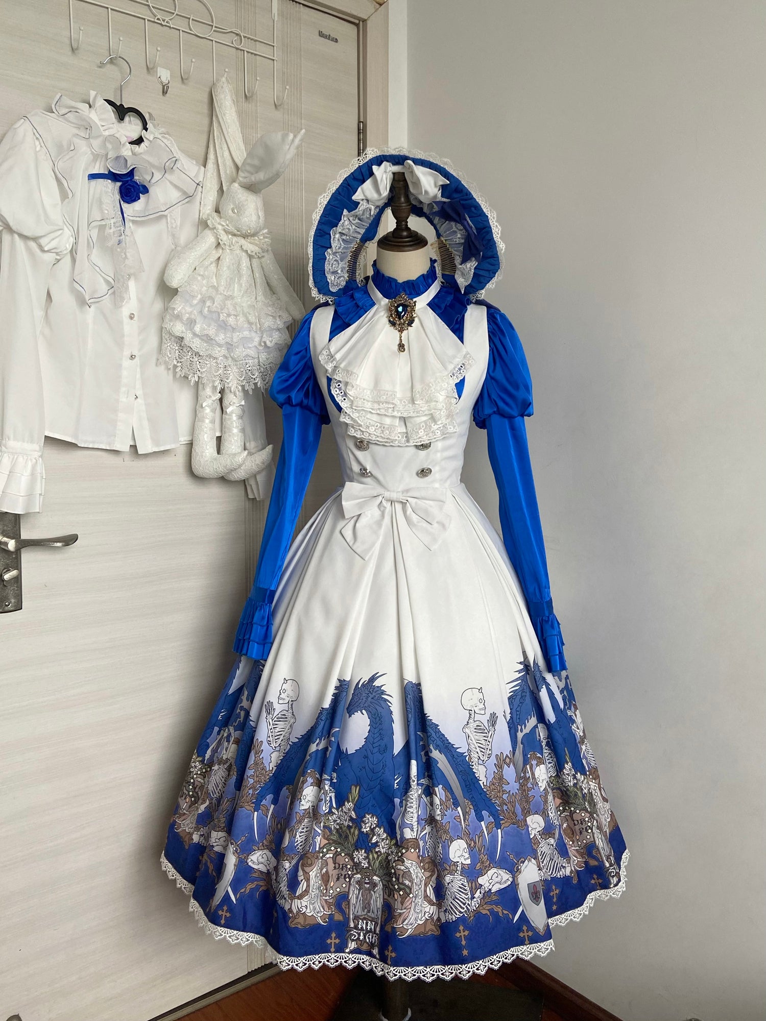 Nn Star - Dragonbone Lily - Dragon Skeleton Print Gothic Lolita Bust-supporting JSK and BNT 42664:748606