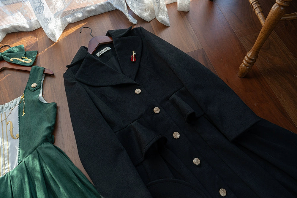Miss Point - Golden Movement - Elegant Lolita Woolen Coat Quilted Overcoat Customized XS balck