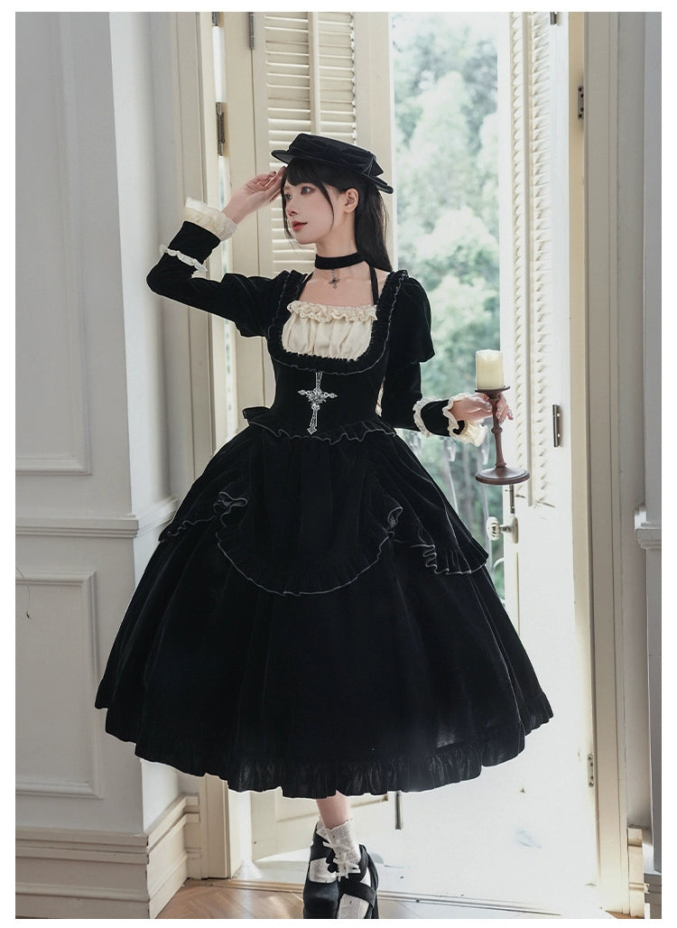 With PUJI - Apocalypse - Gothic Lolita Velvet OP Dress Set, Fishbone Waist 44128:797106