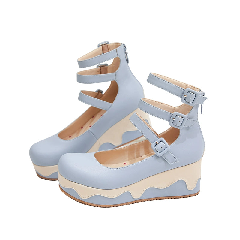 Momo - Bear Birthday Party - Kwaii Lolita Shoes Round Toe Platform Shoes 34 blue