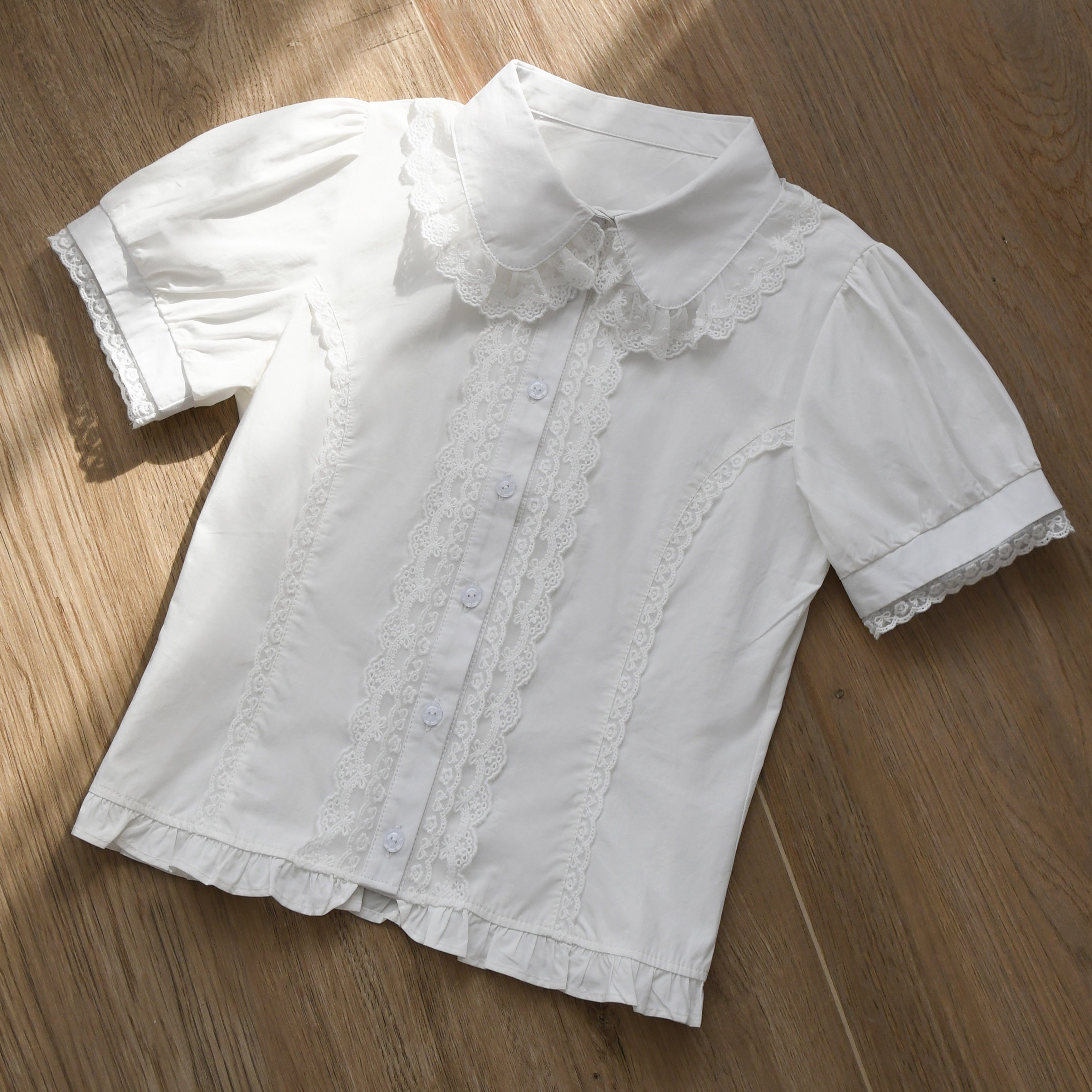 MIST - Lily - Cotton Retro Lolita Blouse with Lace Ruffles and Short Sleeve Milky White S