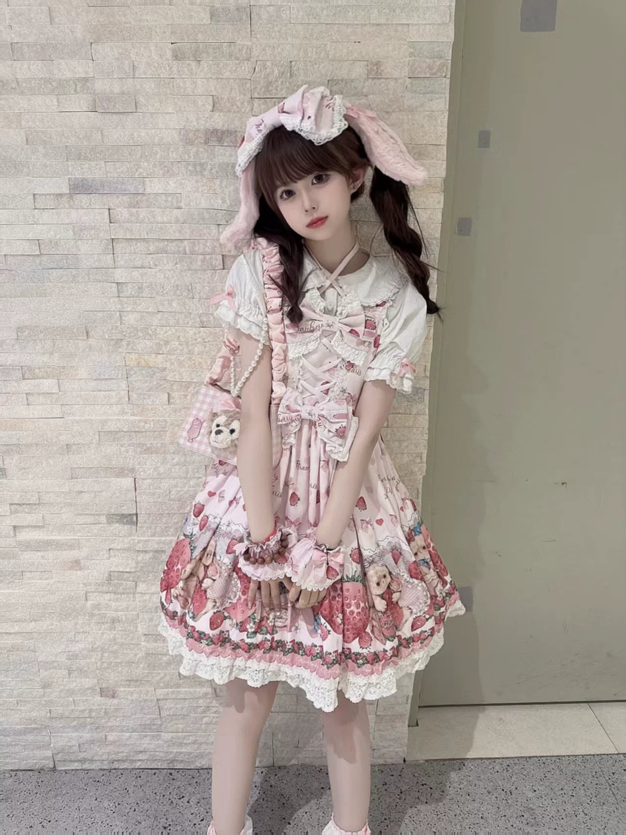 Rabbit Berry Gift Box SP - Printed Kawaii Lolita JSK, Elastic Ruffled Straps