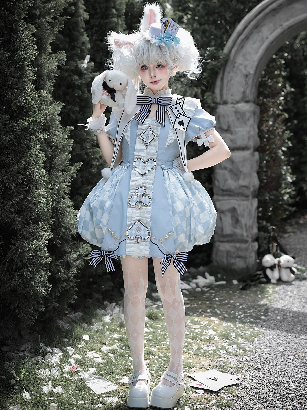 For Alice - Doll-like Lolita Jacquard OP Dress Set, Elastic Bubble Hem 45690:859675