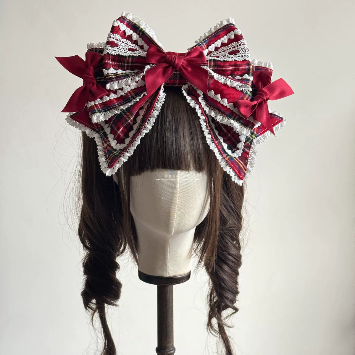 Red Plaid Lolita Headdress, Wire-edged Bunny Ear BNT