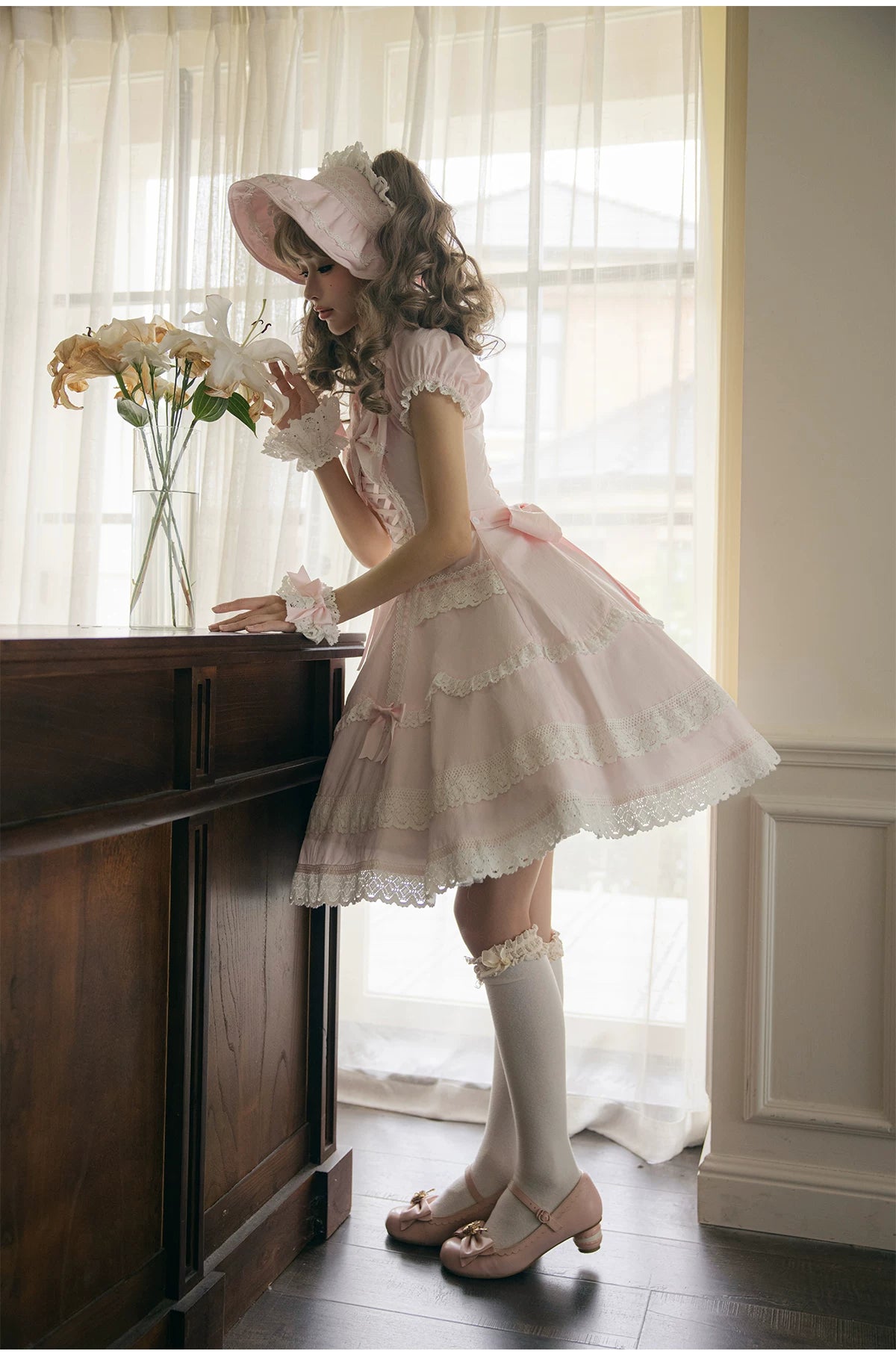 Showa Sweetheart - Old School Lolita OP Dress, Ruffled Lace Hem 45887:866795