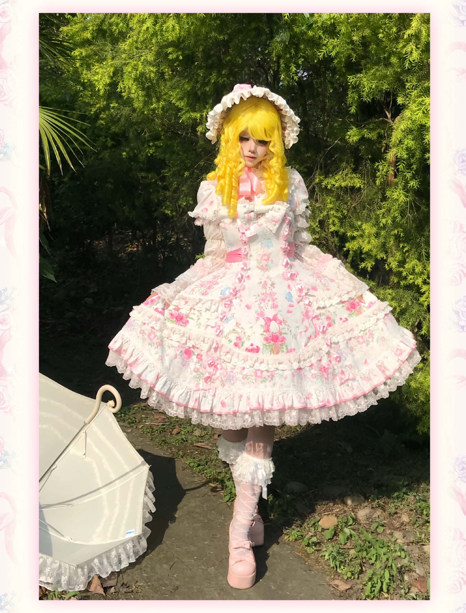 Eternal Vow - Old School Lolita Jacquard OP, Floral and Butterfly Print 45830:865753