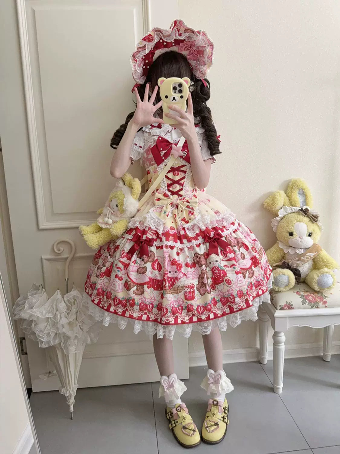 SweetBerry Bunny Bear - Sweet Lolita Tiered Lace JSK Dress, Strawberry and Bear Print