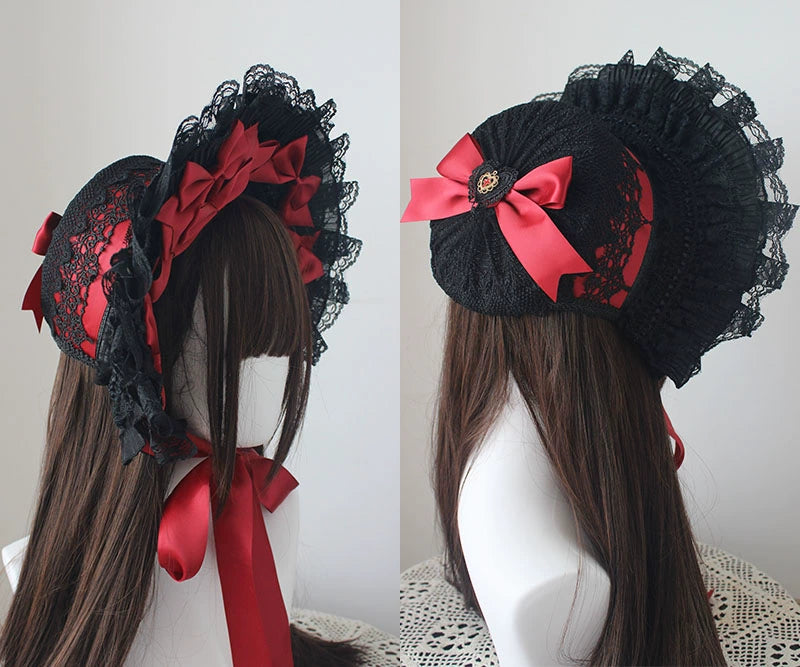(BFM)Deer Girl~Gothic Lolita Handmade Bonnet with Bows and Beads 34420:461712
