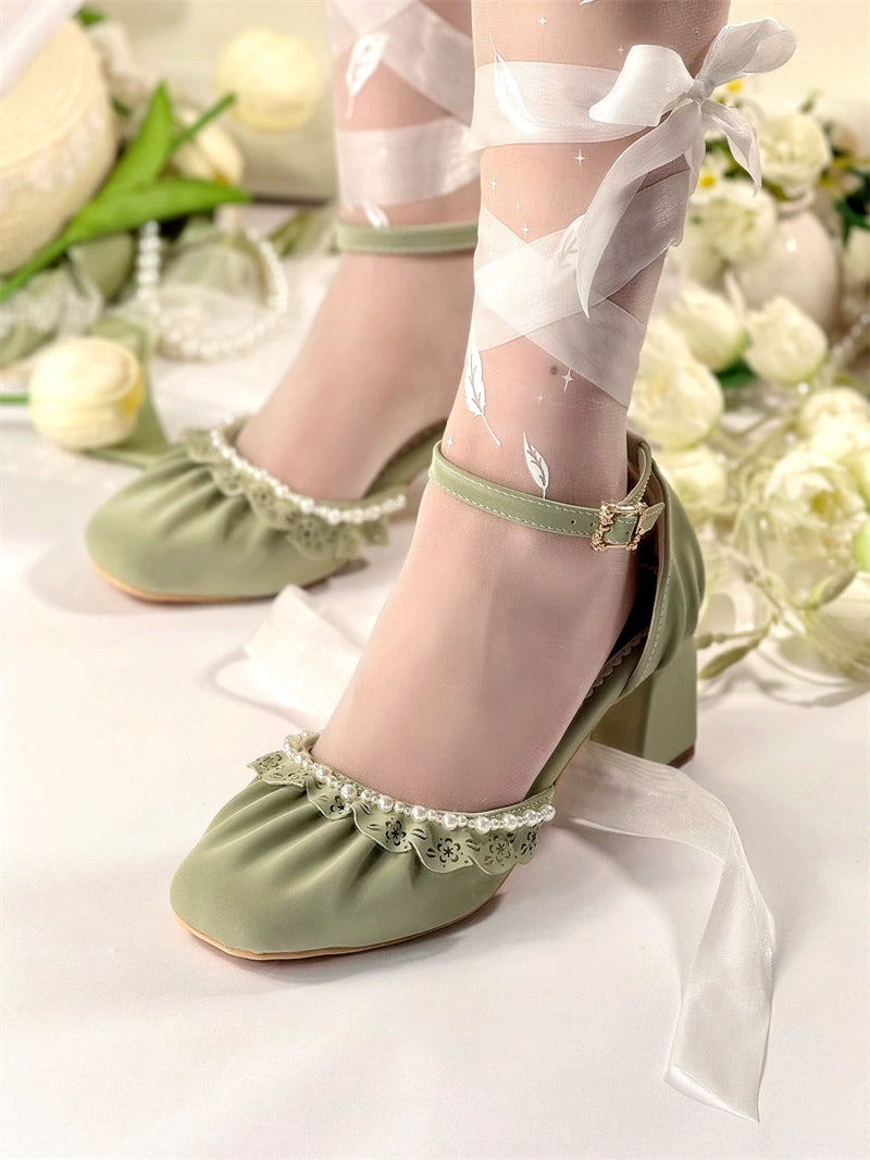 MR.Qiutian~Dance of Camellia~Elegant Lolita Chunky Shoes 5CM Heel Pearl Decoration 39200:615520
