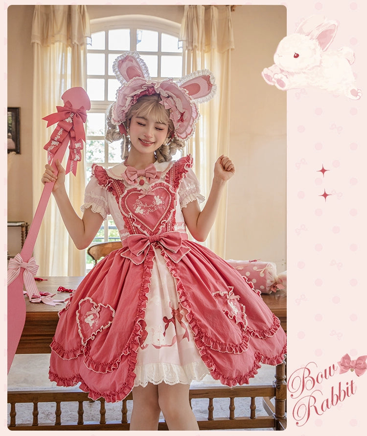 Mademoiselle Pearl~Bow Bunny~IP Collab Sweet Lolita OP Dress Bow JSK OP (L M S XL XS / Apron) 38022:578640