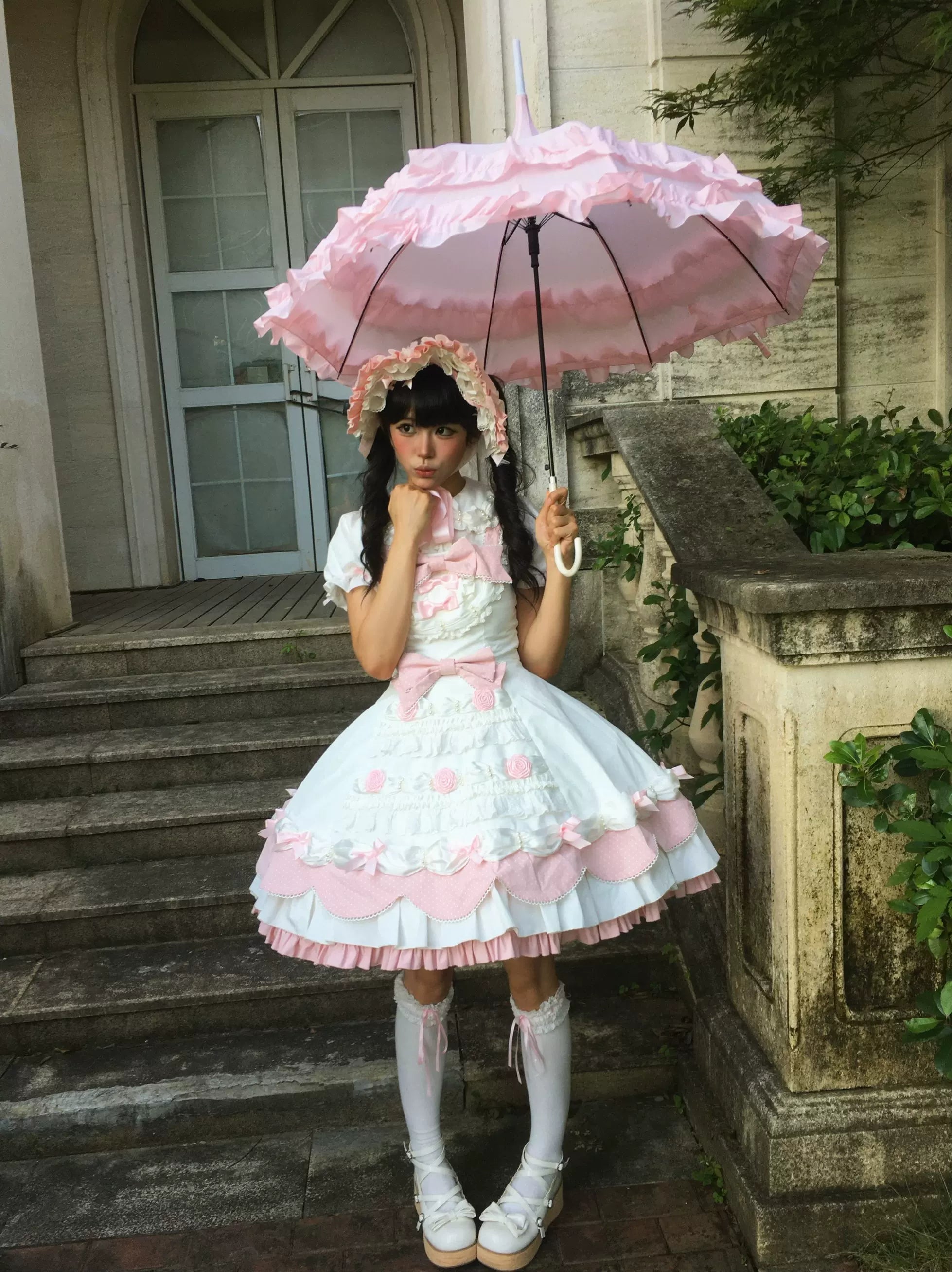 Cream Rosette Cake - Old School Lolita JSK Dress, Rose & Pearl Accents 45769:861481