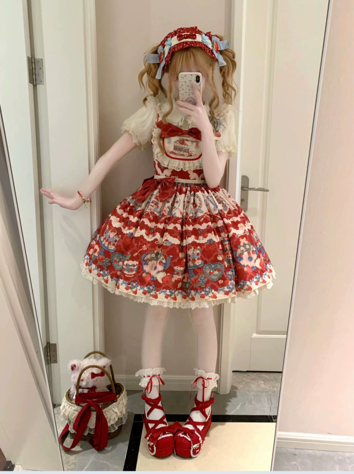 Rose Whispers - Strawberry Tata - Sweet Lolita Dress Suit With Strawberry Cake Print