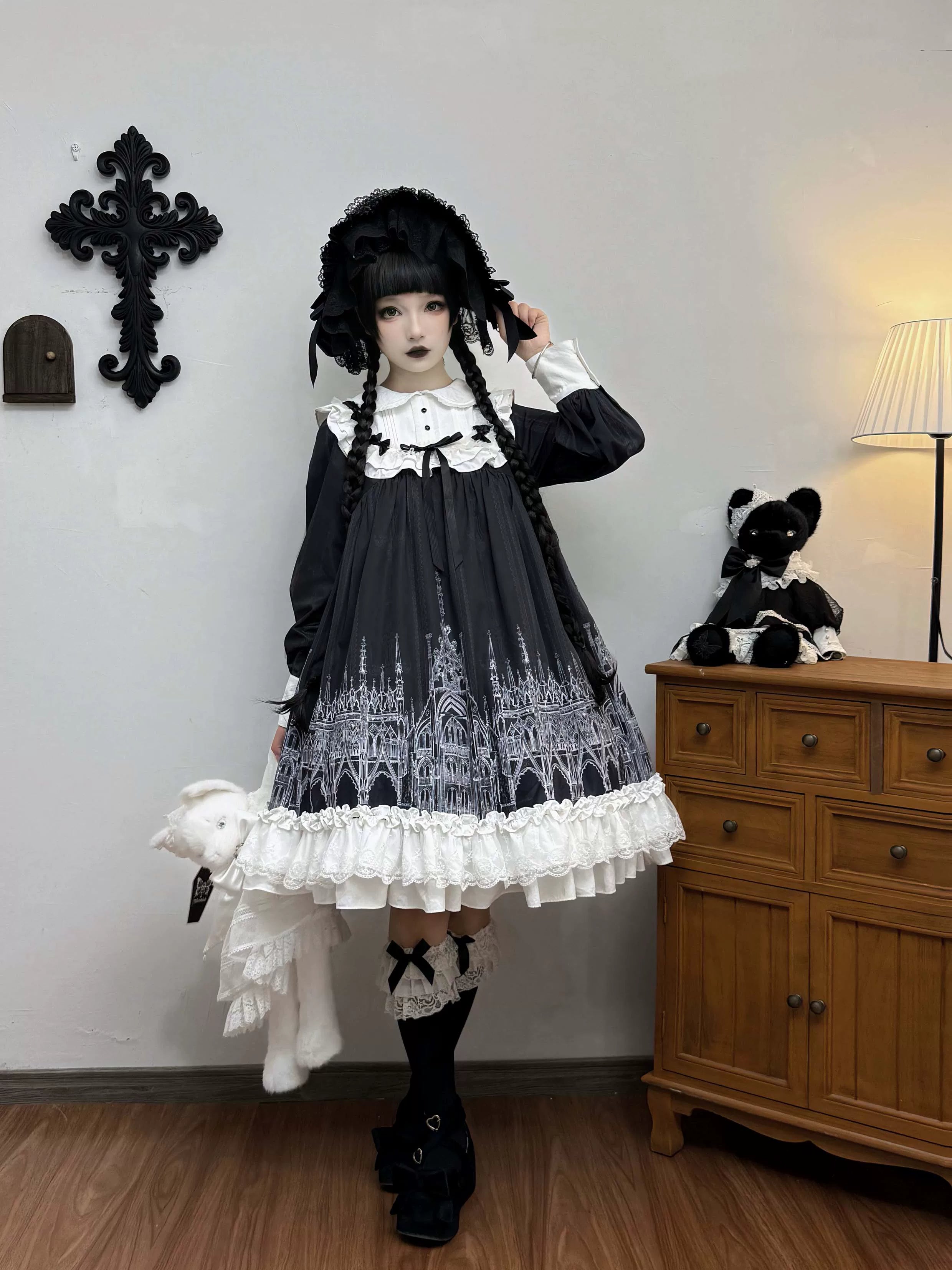Silent Spire - Gothic Lolita Cathedral Print JSK & OP Dress Set, Side Pockets 45921:868123