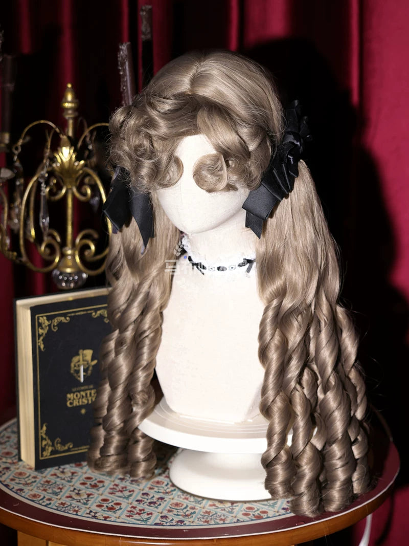 Retro Lolita Roman Roll Wig, Detachable Ponytails (In stock) Linen Tea Brown - Wig + Ponytails (pair)
