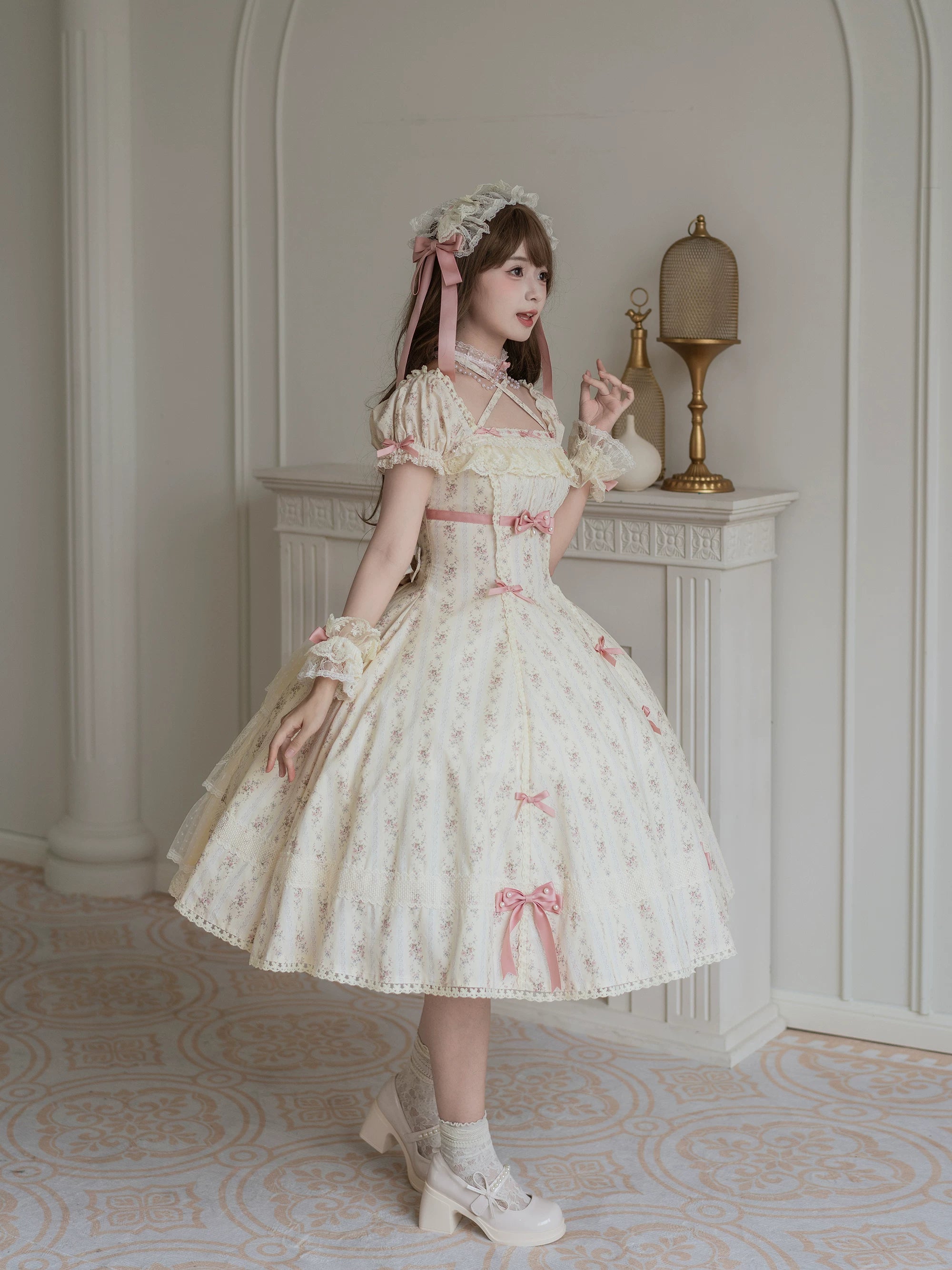 Garden Encounter of Three Springs - Cotton Old School Lolita Floral Print OP, Lace Back Opening (L M S XL) 45674:858617